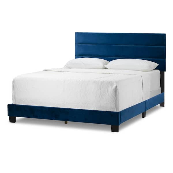 Glamour Home Aris Navy Blue Velvet Twin Upholstered Headboard Bed with Line Stitching Tufting