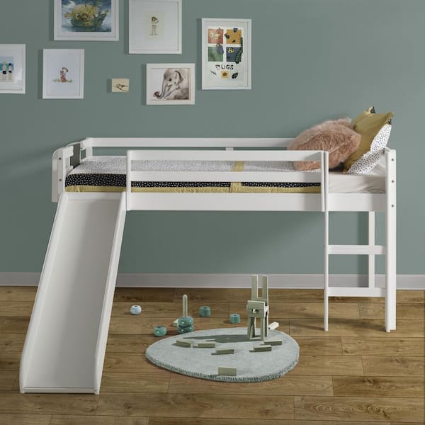 HOMESTOCK White Twin Wood Loft Bed with Slide, Kids Low Loft Bed with Slide, Ladder and Chalkboard