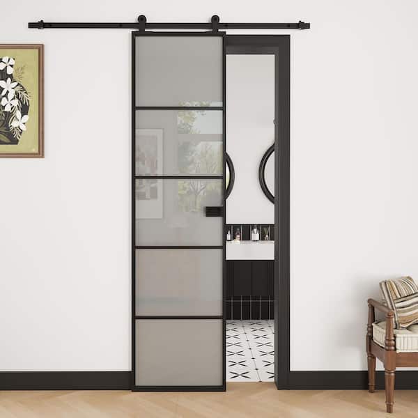 24 in. x 80 in. 5 Lite Frosted Glass Black Aluminum No Assembly Required Sliding Barn Door with Hardware Kit and Handle
