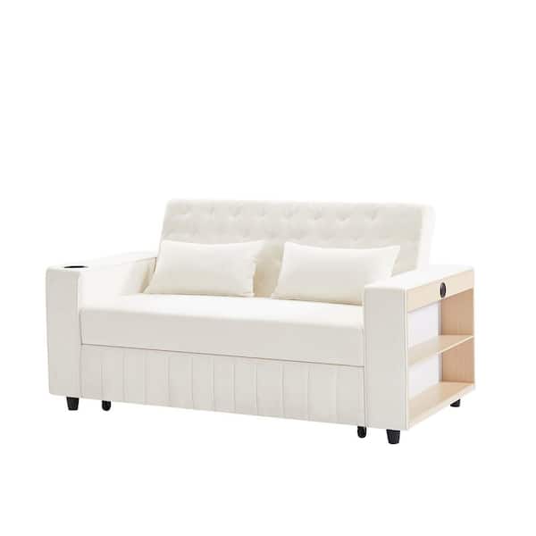 Luxury 61.41 in. W Beige Chenille 2-Seater Loveseat with Storage Rack and Charging Station