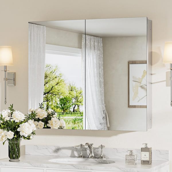 KeonJinn 30 in. W x 26 in. H Rectangular Frameless Aluminum Silver Recessed or Surface Mount Medicine Cabinet with Mirror