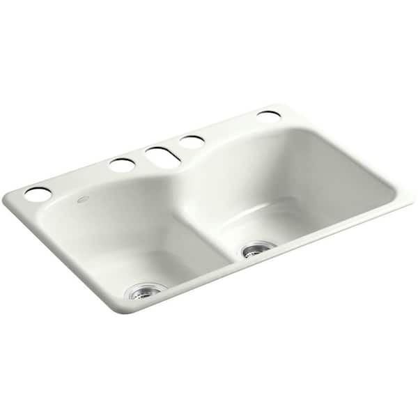 KOHLER Langlade Smart Divide Undermount Cast-Iron 33 in. 6-Hole Double Bowl Kitchen Sink in Dune
