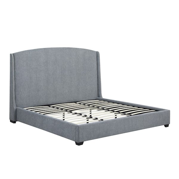 Carolina Chair and Table Monterey Gray Wooden Frame Upholstered King Platform Bed with Nail Head Trim