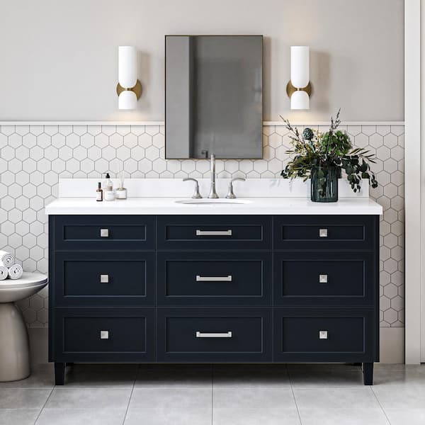 Monroe 66 in. Single Sink Freestanding Bathroom Vanity in Midnight Blue with Pure White Quartz Top