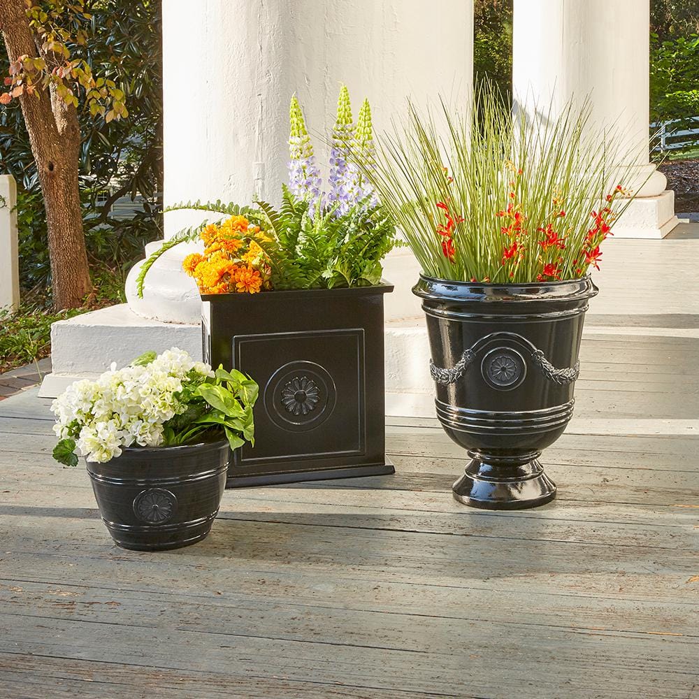Glossy Black Square Resin Planter with Floral Medallions, 16"