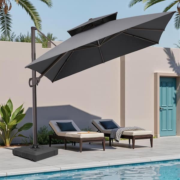 Pellebant 11 ft. x 11 ft. Square Aluminum Outdoor Cantilever Umbrella Offset 360° Rotation Patio Umbrella in Dark Gray with Base