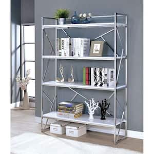 70.25 in. White/Silver Metal 4-shelf Accent Bookcase with Open Back