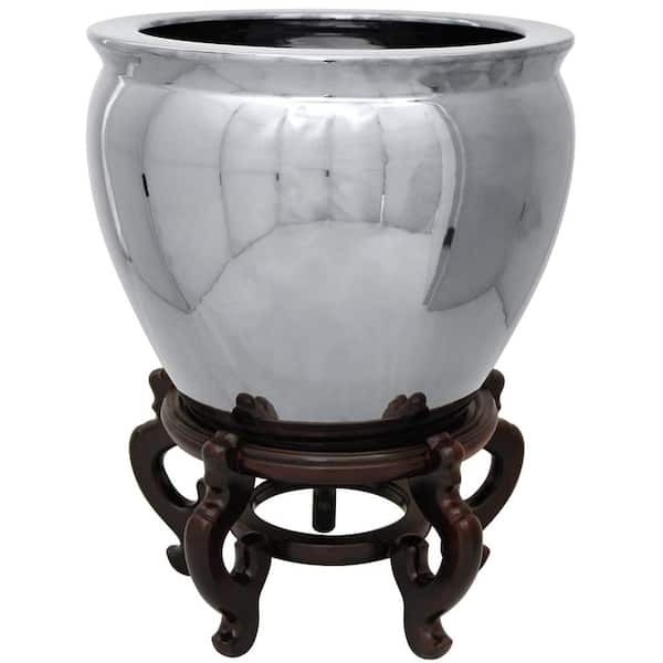 Oriental Furniture 16 in. Pure Silver Porcelain Fishbowl