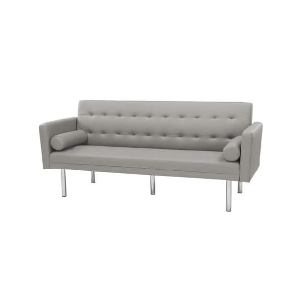 Spaco 68.5 in. W Gray PU Leather Upholstered Twin Convertible Folding Futon Sofa Bed with 2-Same Color Long Pillows