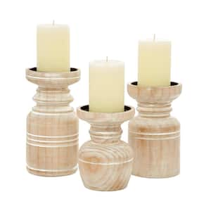 Brown Wood Pillar Candle Holder with White Wash Finish (Set of 3)