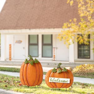 Fall Metal Embossed Glitter Pumpkin Yard Stake or Porch Decor (Set of 2 )