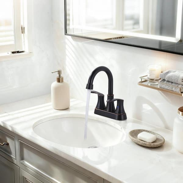 4 in. Centerset Double Handle 3 Holes High Arc Bathroom Faucetwith Pop-Up Drain in Oil Rubbed Bronze