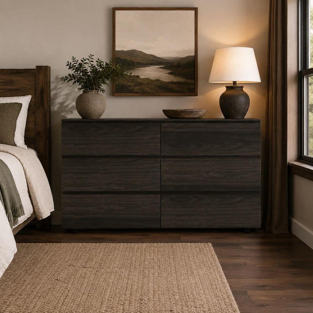 dark brown dresser chest FUFU&GAGA Brown Wood Grain 6 Drawers 59 in. W Wood Dresser, Chest of Drawers, Storage Cabinet