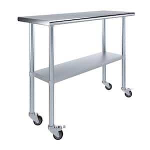 18 in. x 48 in. Stainless Steel Work Table with Casters : Mobile Metal Kitchen Utility Table with Bottom Shelf