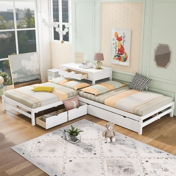 ANBAZAR White Full-Size L-Shaped Platform Beds with Twin Trundle and 3 ...