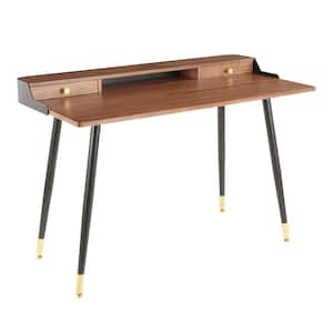 48 in. Rectangular Walnut/Black/Gold 2 Drawer Writing Desk with Built-In Storage