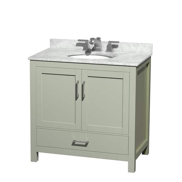 Wyndham Collection Sheffield 36 in. W x 22 in. D x 35 in . H Single Bath Vanity in Light Green with White Carrara Marble Top