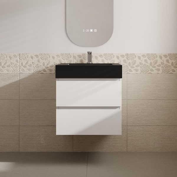 Aaby 24 in. W x 18 in. D x 25 in. H Wall Mounted Floating Bath Vanity Cabinet in White with Black Quartz Top and Sink