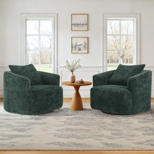 Green Chenille Fabric Upholstered 360° Swivel Accent Chair Metal Base Swivel Barrel Arm Chair with Pillow (Set of 2)