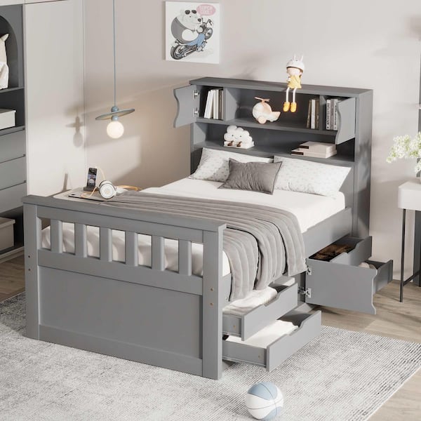 Gray Wood Frame Twin Size Platform Bed with Storage Bookcases and Shelves