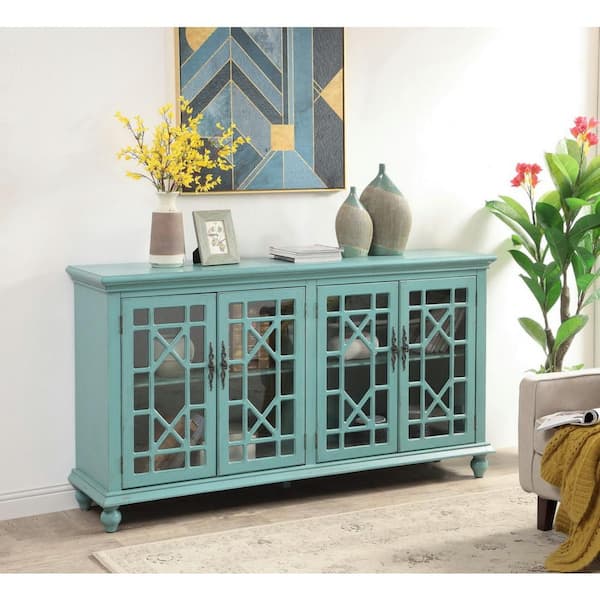 Coast To Coast Accents 71.75 in. Bayberry Blue Credenza with 4-Glass Doors