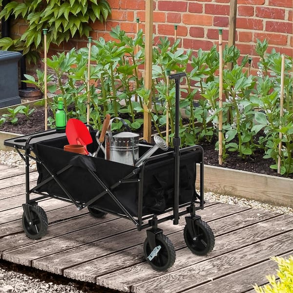 Outsunny Collapsible Wagon, Graden Carts with Wheels, Adjustable Handle, Folding Table and Cup Holders, Black