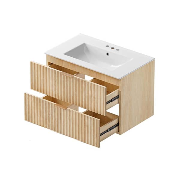30 in. Floating Oak Wood Bath Vanity with White Ceramic Top Unassembled, Dual-Drawer Storage, Horizontal Stripe Design