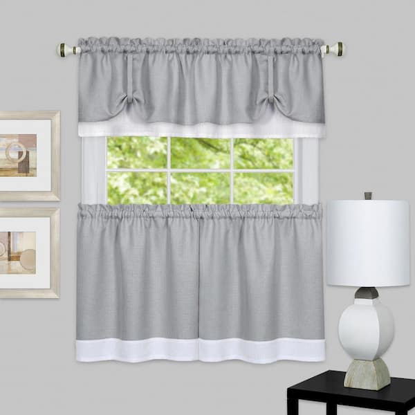 ACHIM Darcy Grey/White Polyester Light Filtering Rod Pocket Tier and Valance Curtain Set 58 in. W x 24 in. L