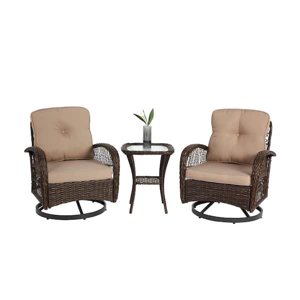 3 Pieces Metal Outdoor Rocking Chairs with Khaki Cushions and Glass Coffee Table