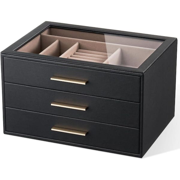 3-Layer Black Jewelry Box Organizer with Glass Display for Women UMWXHL ...