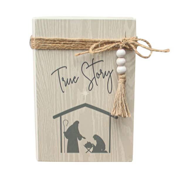 PARISLOFT 6.5 in. Cream Wood Tabletop True Story Christmas Decorative Faux Wood Book Wood Beads