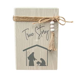 6.5 in. Cream Wood Tabletop True Story Christmas Decorative Faux Wood Book with Wood Beads