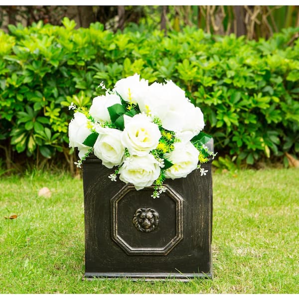 12.6 in. Tall Oil Rubbed Bronze Lightweight Concrete Classic Square English Style Lion Head Planter