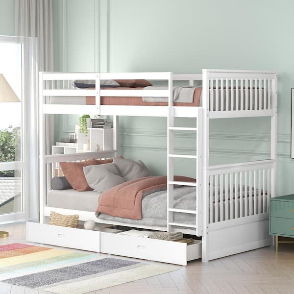 Polibi White Twin-Over-Twin Bunk Bed with Ladders and 2 Storage Drawers