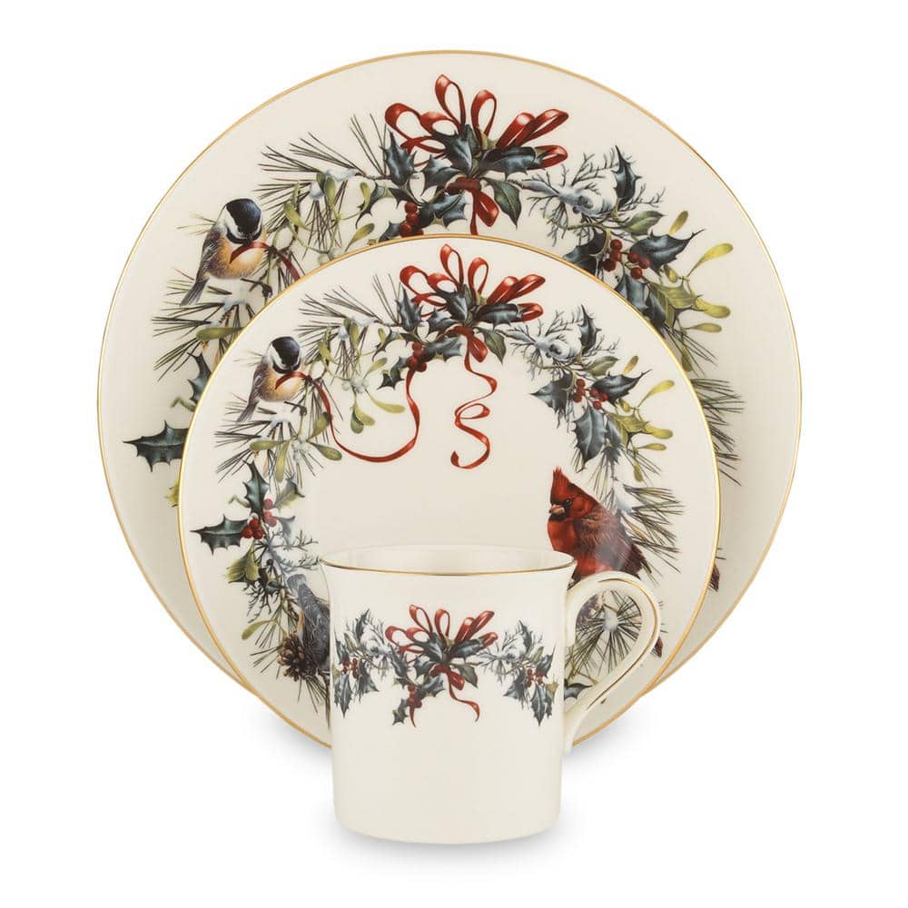 Winter Greetings Ivory Porcelain 12-Piece Dinnerware Set with Gold Trim