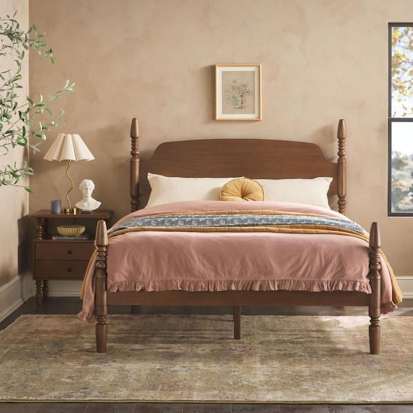 Modern Farmhouse Easy Assembly 2-Piece Solid Wood Dark Brown 2-drawer Nightstand and Queen Bed Bedroom Set