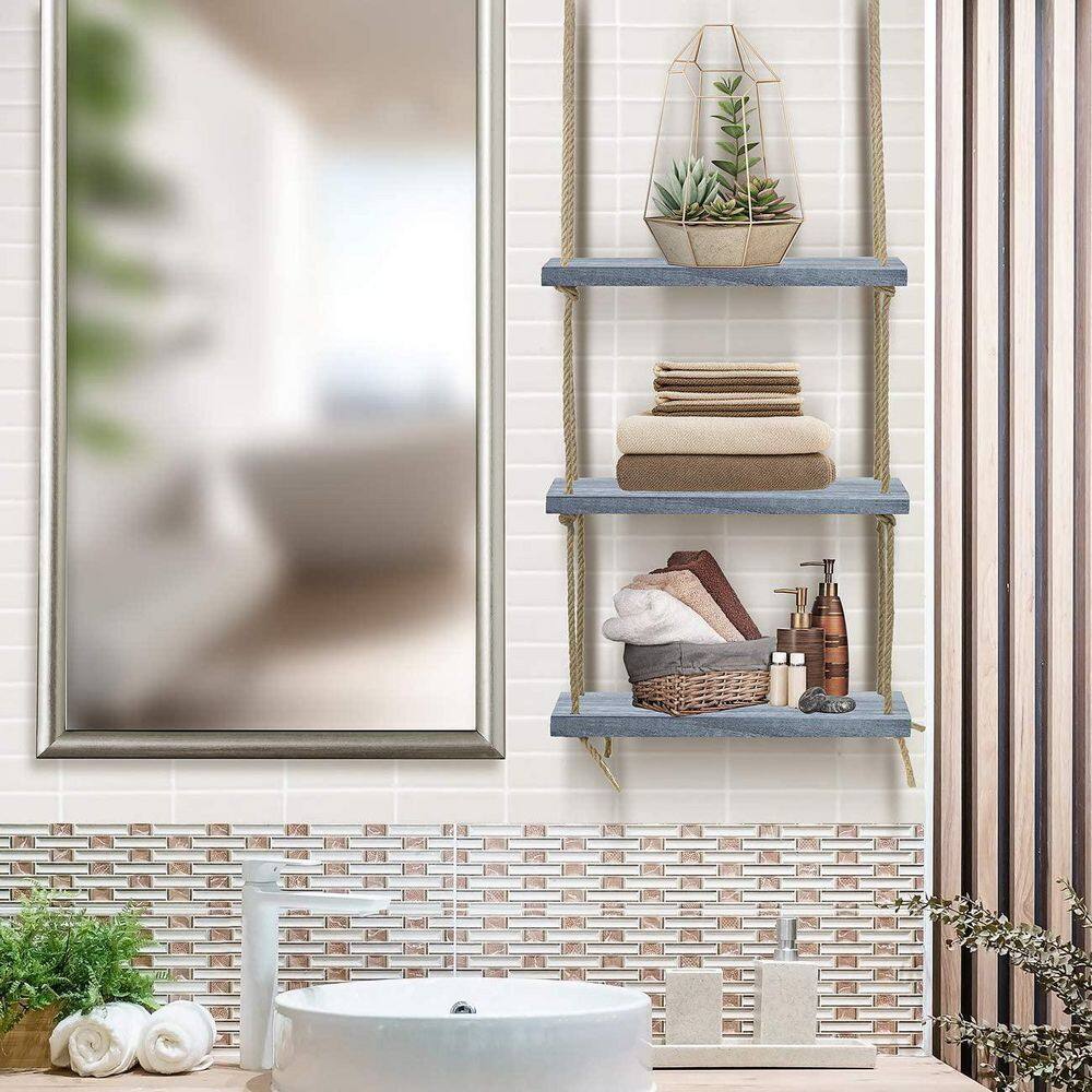 Sorbus Rustic Gray Wood 3-Tier Rectangular Floating Shelf