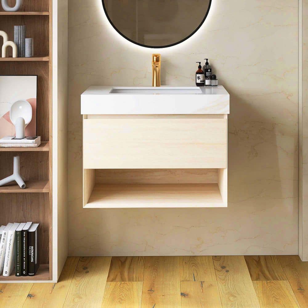 30 in. Wall-Mounted Single Sink Beige Bath Vanity with White Sintered Stone Top, Pre-assembled