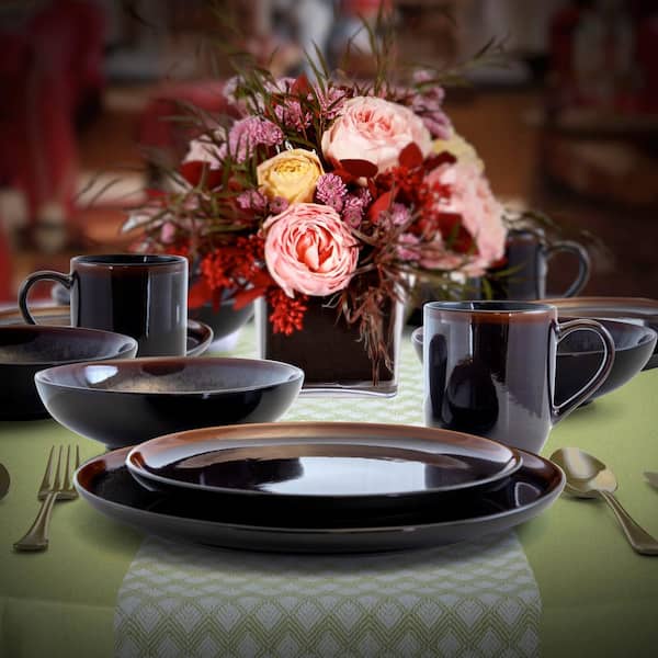 Midnight Beach 16-Piece Modern Metallic Black Stoneware Dinnerware Set (Service for 4)