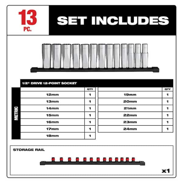 1/2 in. Drive Metric Deep Well 12-Point Socket Set (13-Piece)