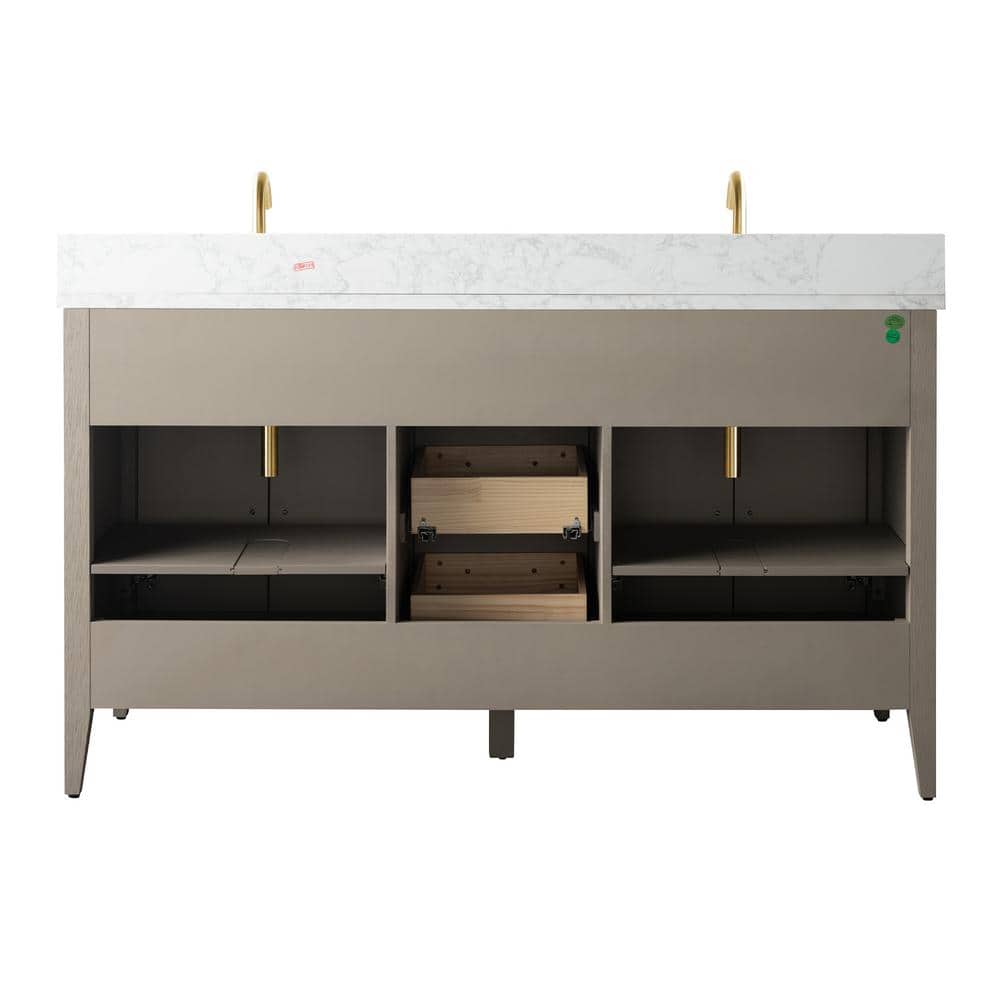 60" Driftwood Gray Double Sink Bathroom Vanity with Marble Countertop