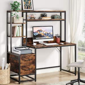 Capen 55 in. Rectangular Brown Engineered Wood 2-Drawer Computer Desk Corner Office Desk with Storage Shelves and Hutch