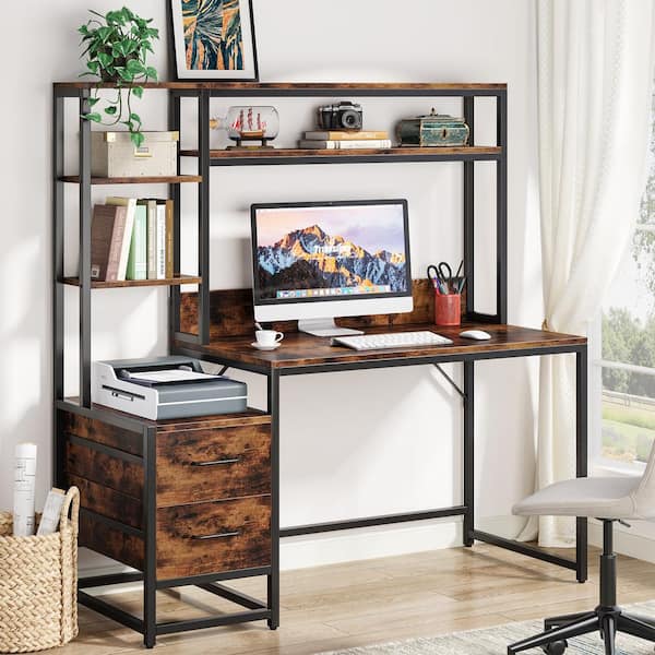 Capen 55 in. Rectangular Brown Engineered Wood 2-Drawer Computer Desk Corner Office Desk with Storage Shelves and Hutch