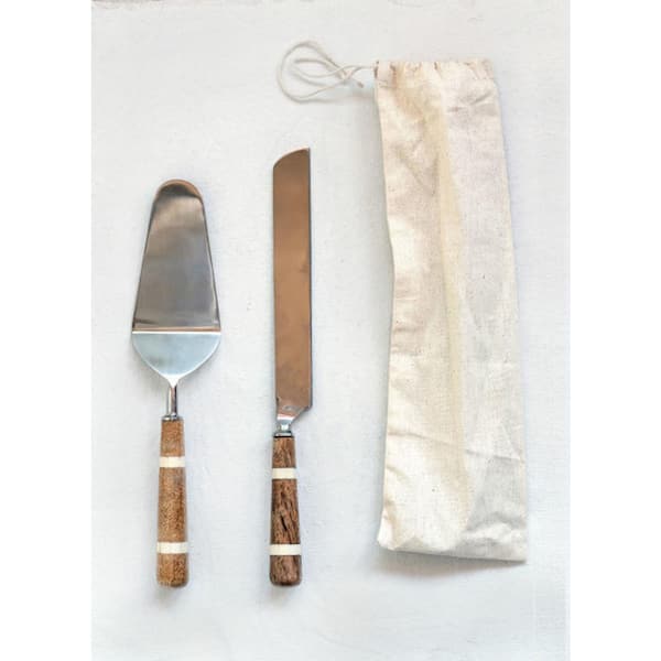 Storied Home Stainless Steel Cake Knife and Server w/Wood and Horn Handles (Set of 2)