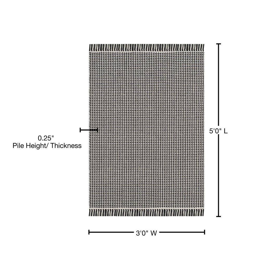 Ivory and Black Handwoven Cotton Flat Weave Rug, 3' x 5'