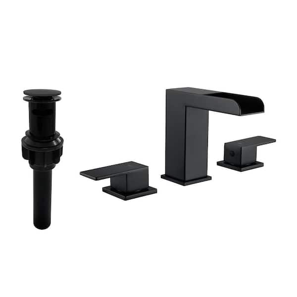 8 in. Widespread 2-Handle Bathroom Faucet With Pop-Up Drain Assembly and Waterfall in Matte Black