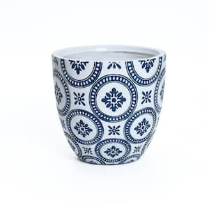 9.4 in. Blue and White Ceramic Flower Pattern Round Tapered Floor Planter