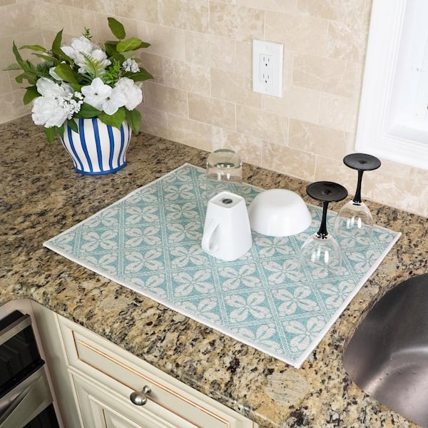 18 in. x 24 in. Blue Flower Super-Absorbent Washable Cotton Large Baby Bottle and Dish Thin Drying Mat