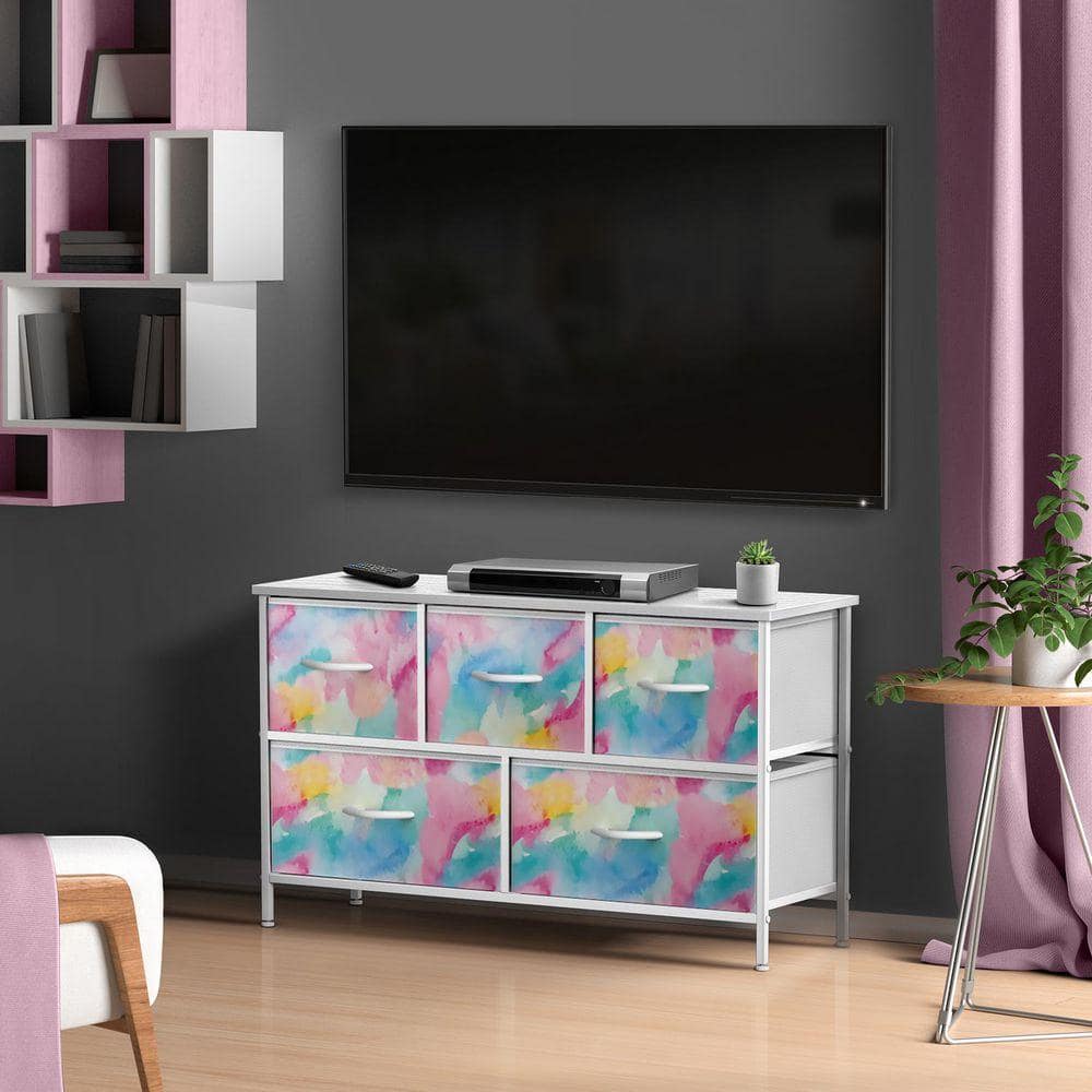 Multicolored 5 Drawer 33.5 in. Wide Dresser without Mirror TV Stand with Steel Frame Wood Top and Easy Pull Fabric Bins