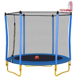 65 Inch Blue Toddlers Trampoline With Enclosure, Basketball Hoop and Ball , Indoor & Outdoor Mini Trampoline for Kids
